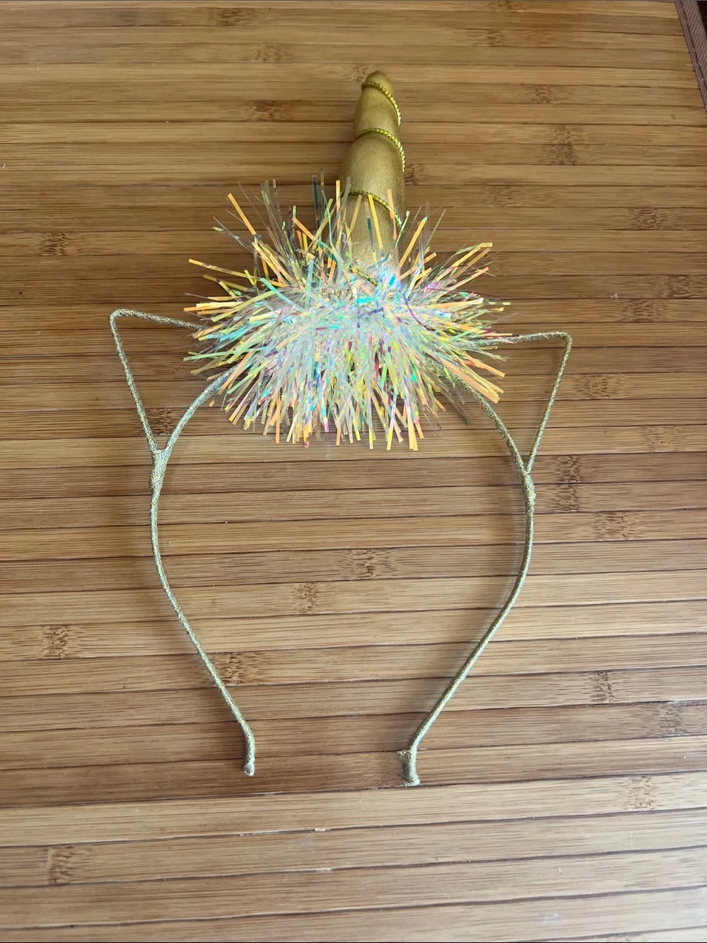 Gold Unicorn Horn Headband for Kids with Iridescent Pom Pom